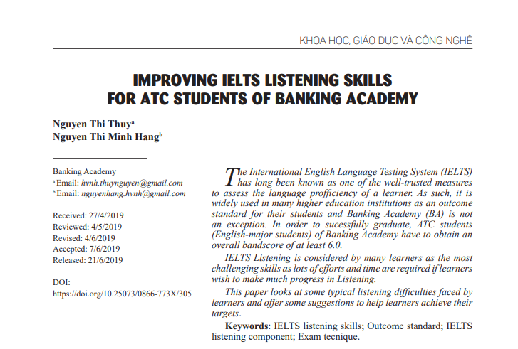 IMPROVING IELTS LISTENING SKILLS FOR ATC STUDENTS OF BANKING ACADEMY