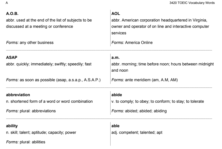 3420 Toeic Vocabulary Words tổng hợp từ vựng thi TOEIC thường gặp