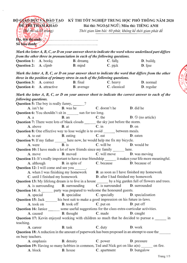 de thi tham khao mon Tieng Anh cho ki thi THPT nam 2020