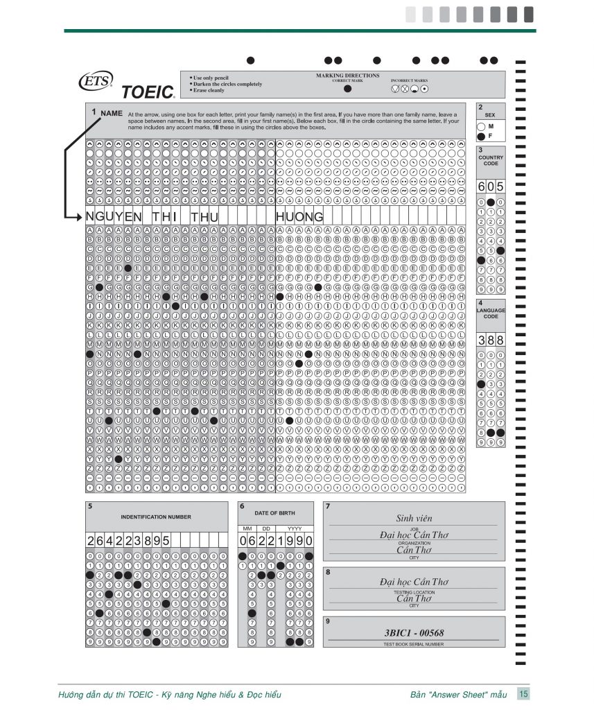 MẪU ANSWER SHEET TOEIC 2020