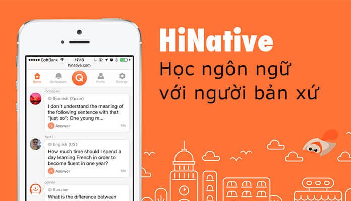 Phần mềm học tiếng Anh HiNative